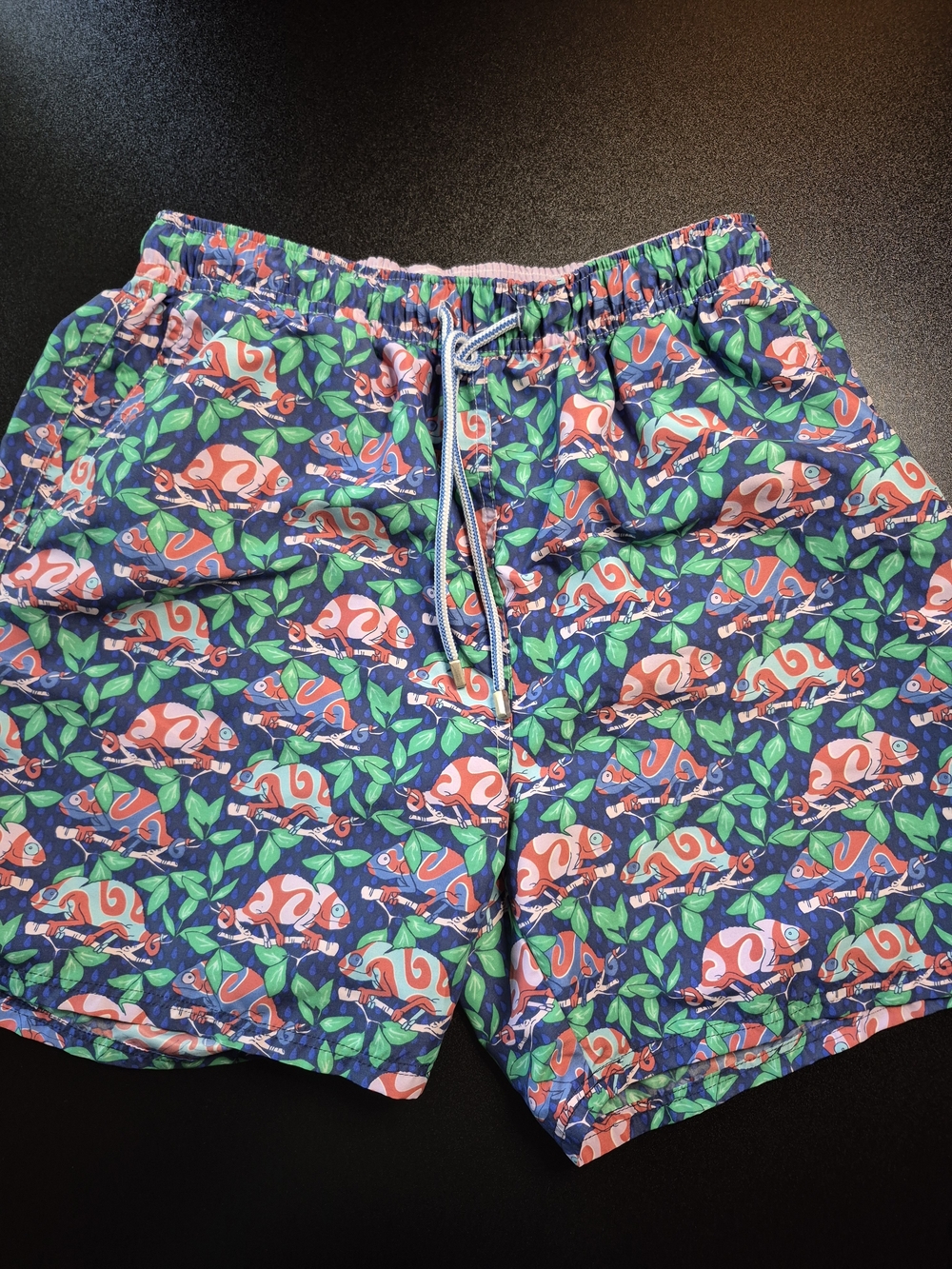 Peter Millar Navy Swim Trunks with Coral & Green Chameleon Print